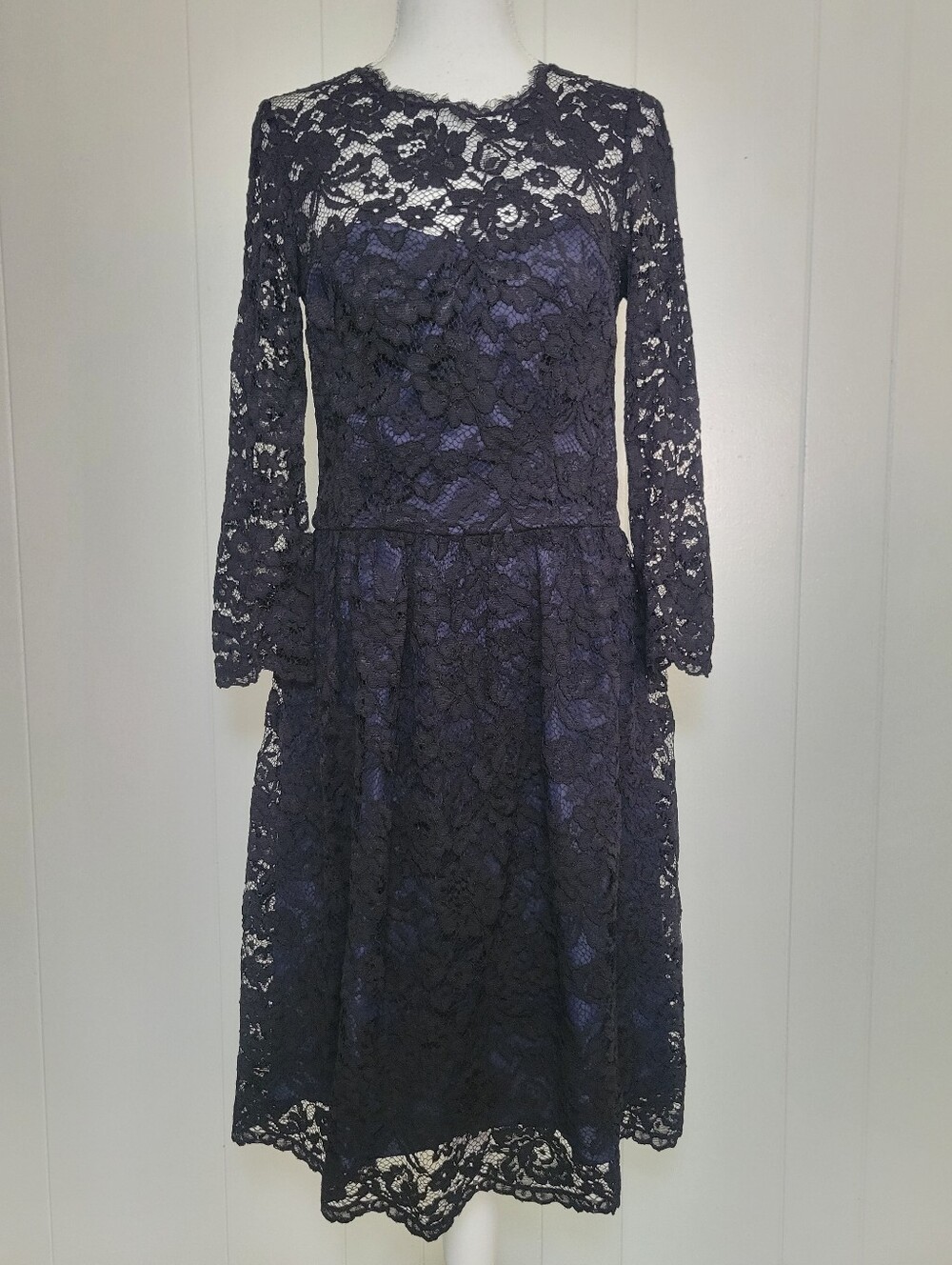 Boden Lace Overlay Dress Long Sleeve Formal Black & Blue Tie Back Neckline 8 8R